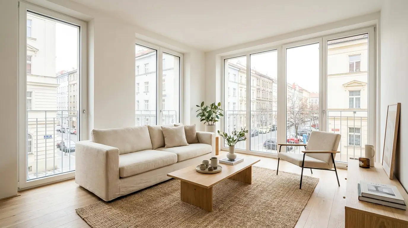 Moderní byt připravený k prodeji — světlý obývací pokoj s minimalistickým nábytkem