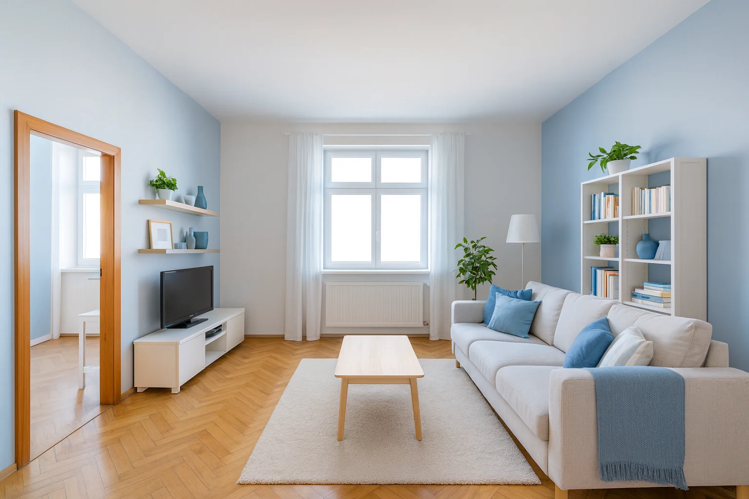 Stejná místnost po virtuálním homestagingu — digitálně doplněný nábytek a dekorace
