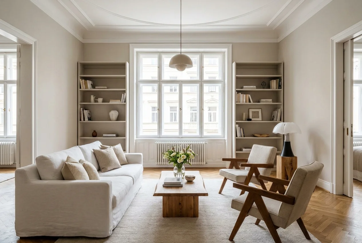 Elegantně zariadený obývací pokoj po homestagingu — světlý prostor s parketami, pohovkou a knihovnami